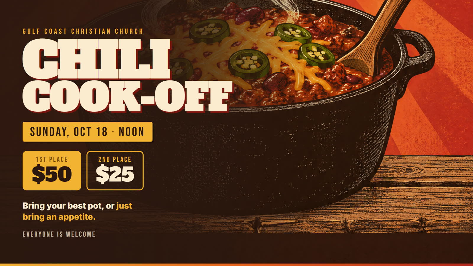 Chili Cook-Off poster. A cast iron pot of chili with jalapeños and cheese. Sunday, Oct 18, noon. 1st place $50, 2nd place $25. Bring your best pot, or just bring an appetite. Everyone is welcome.