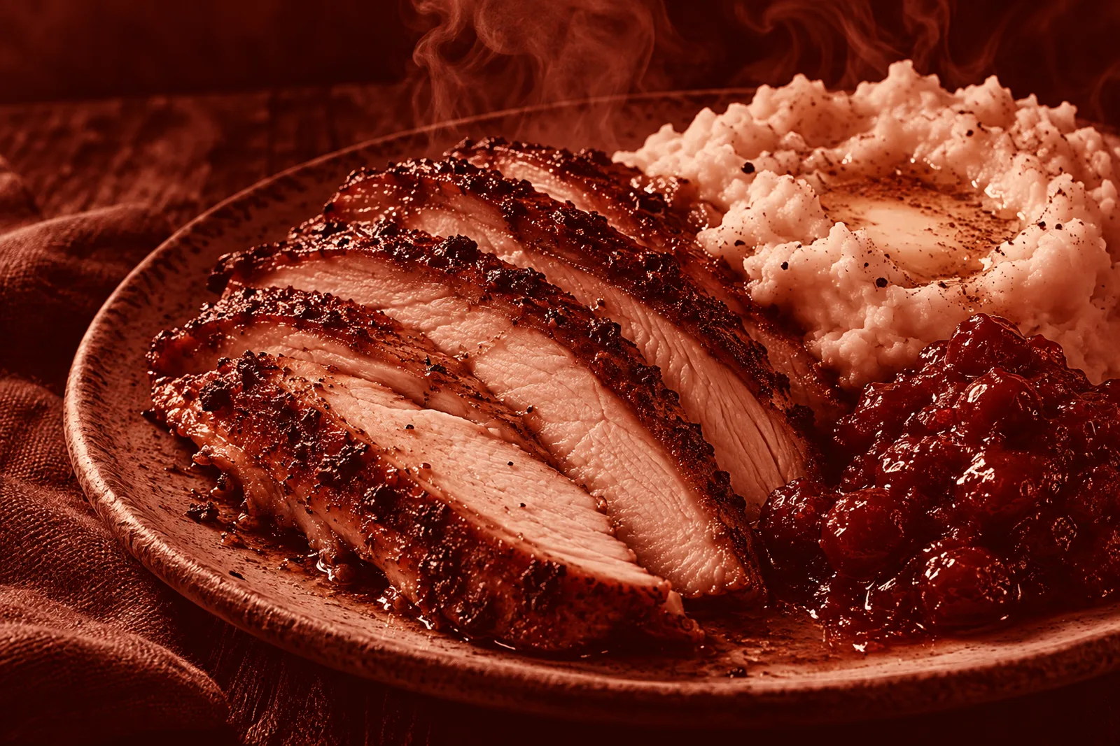 Sliced smoked turkey with mashed potatoes and cranberry sauce